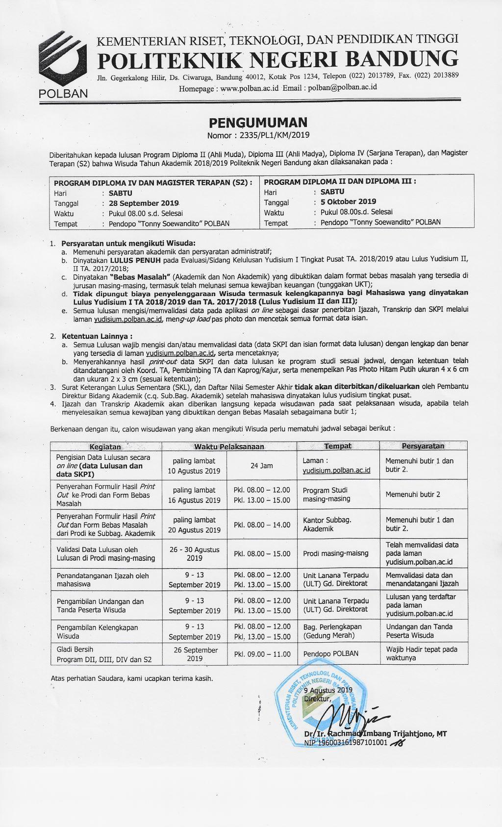 Jadwal Wisuda Tahun Akademik 2018 2019 Politeknik Negeri Bandung